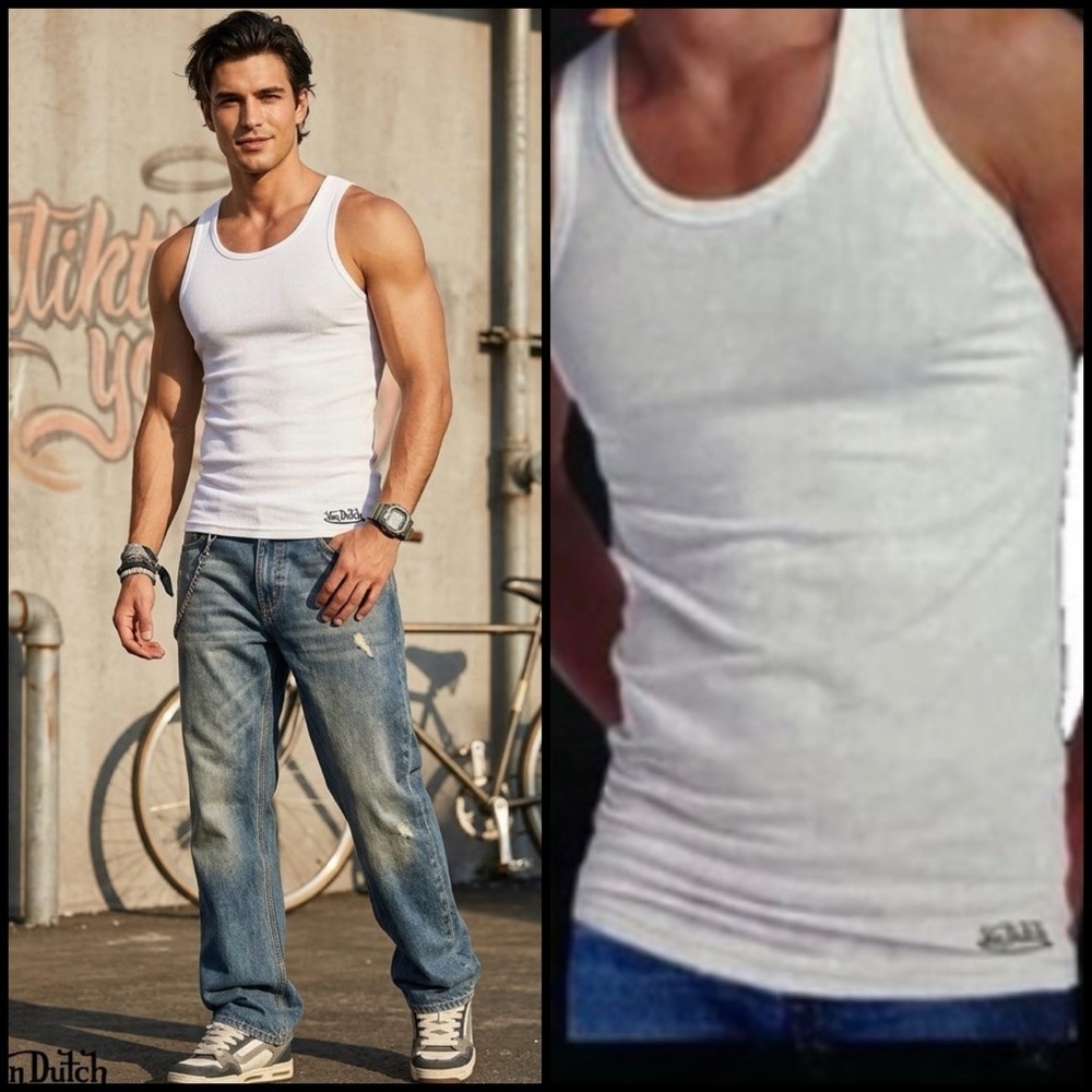 Von Dutch Y2K Retro Classic White Men’s Ribbed Von Dutch Logo Accent Tank Top XL